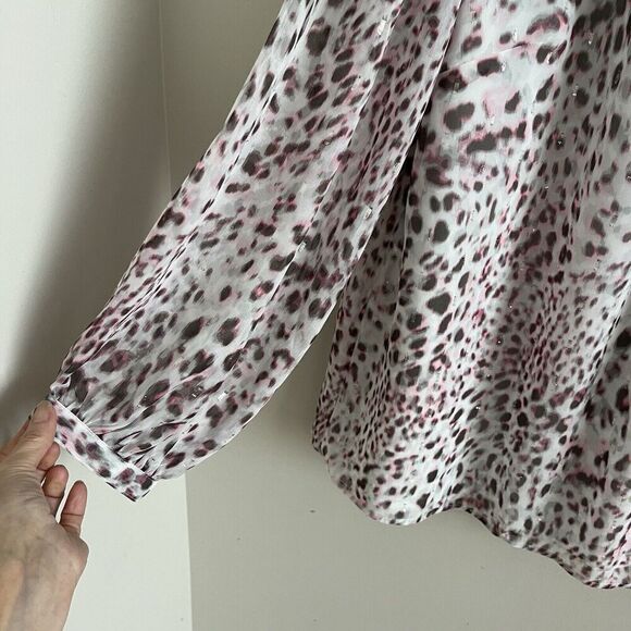 Talbots Leopard Print Metallic Top 2X Gray Pink Blouse Fairy Feminine Dressy - Picture 8 of 11